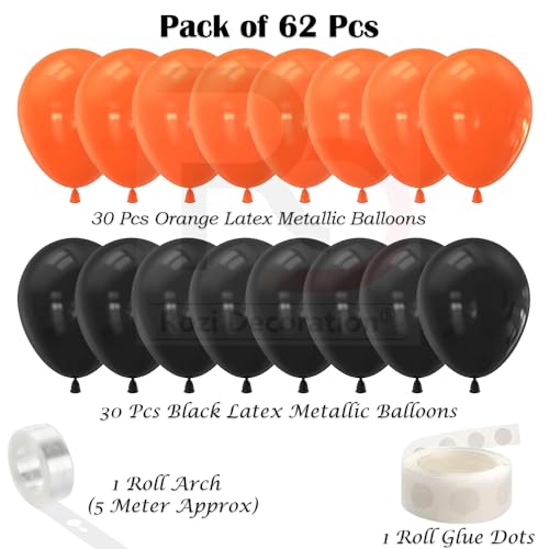 Image of Rozi Decoration Black and Orange Balloons Garland Decorations Items for Halloween Party Decor, Wedding, Baby Shower, Birthday Balloons Decoration Items Pack of 62 Pcs