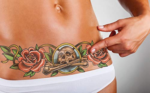 TuckTats: Siren Rose and Skull Temporary Tattoo - Tummy Tuck/Mastectomy Scar Cover