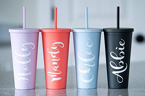 Tumblers With Lids (4 Pack) 22Oz Pastel Colored Acrylic Cups With Lids And Straws | Double Wall Matte Plastic Bulk Tumblers With Free Straw Cleaner! Vinyl Customizable Diy Gifts #TOP6