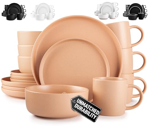 Image of Zulay Kitchen Terra Stoneware Dinnerware Set, Artisanal Ceramic Plates and Bowls Set Crafted at 2300℉ - Service for 4, Terracotta Clay
