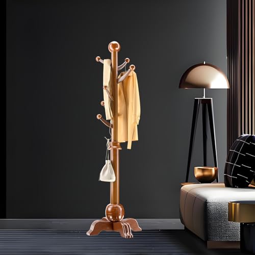 Qcesorib Perchero de Pie de Madera, Perchero Multifuncional con 7 Ganchos, Perchero en Forma de Árbol con 4 Patas, Altura de Los Pies Regulable, para Colgar Abrigos, Sombreros y Bolsos