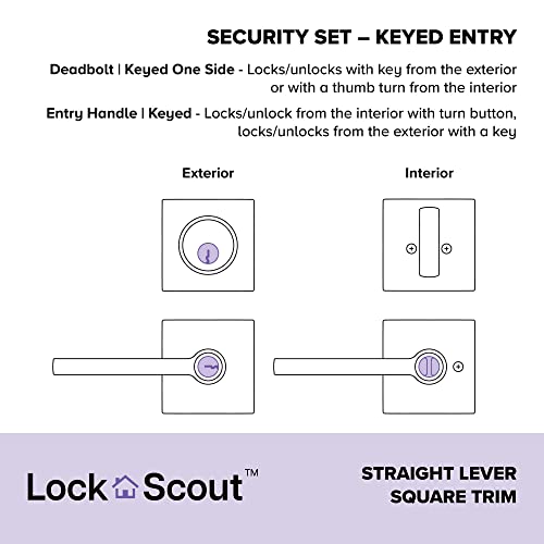 Lock Scout Straight Lever with Square Trim Keyed Entry Door Handle and Single Cylinder Deadbolt, Matte Black Finish by Lock Scout - Image 2