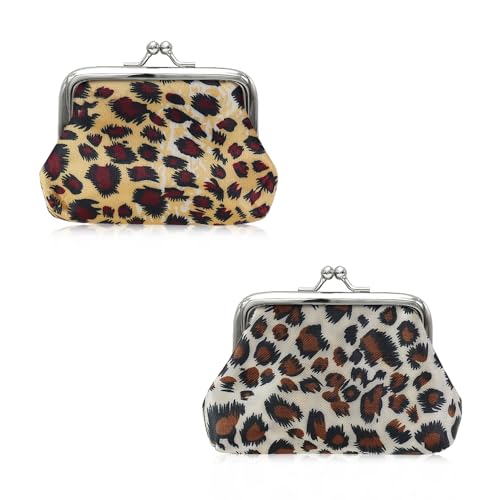 Image of AfitLulu Coin Purse 2 PCS, Leopard Print Mini Purse for Women and Girls, Polyester Coin Wallet, Mini Pouch with Kiss Lock for Change, Keys, Headset (White+Brown)