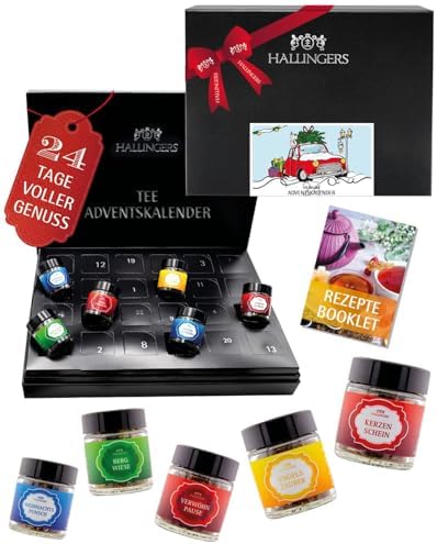 Hallingers Genuss Manufaktur Tee Adventskalender-Set - 24 Sorten premium loser Tee Probierset in edler Box mit Rezept-Booklet "Christmas Car", Weihnachtskalender für Frauen Männer