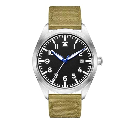 Boyarca Pilot Watch Men's Aviator Wristwatch Japan Automatic Mechanical Watch Stainless Steel Case Aviator Watches with Luminous Waterproof, Army Green A, Bracelet