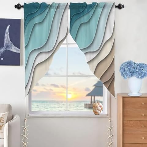 BEMIGO Swag Valances for Windows, Ombre Stripes Turquoise Brown Rod Pocket Kitchen Window Curtains Over Sink, Abstract Striped Window Curtain Panel Swag Curtains Valences, 45 Inches Length Cover
