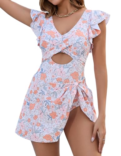 MFAVIP Women One Piece Swim Dress Tummy Control Swimsuits V Neck Ruffle Bathing Suit Cutout Wrap Side Tie Swimwear with Skirt — view 2