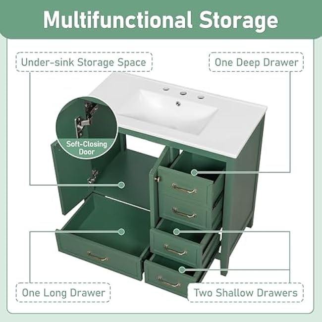 36 Inch Bathroom Vanity with Sink Set Freestanding Combo Unit with Ceramic Basin with Storage 4 Drawers and 2 Soft Close Doors Transitional Style Green