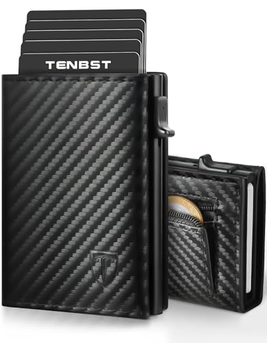 TENBST Geldbörse Herren - Kartenetui Ultra-Dünnes Portmonee Herren mit 10 Kartenfächern RFID Blockierende ID-Fenster Kartenetui Premium Carbonfaser Slim Wallet Geschenkbox (Carbon Schwarz)
