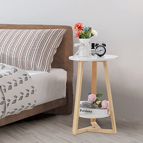 Tinsawood Round Side Table, Two-Tier White Side Table For Living Room, Bedroom, Balcony, Office & Small Spaces, Small End Table With Storage Shelf, Easy Assembly #TOP6