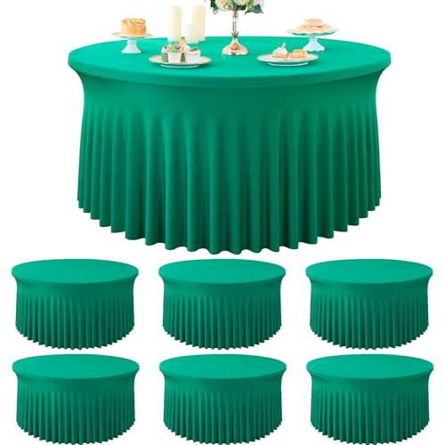 Htper 6 Pack Emerald Green Spandex Round Tablecloths for 72 Inch Table, Stretchy 132 Inch Fitted 6FT Cloths, Wrinkle Free Cover With Skirt for Wedding Party Dining Banquet