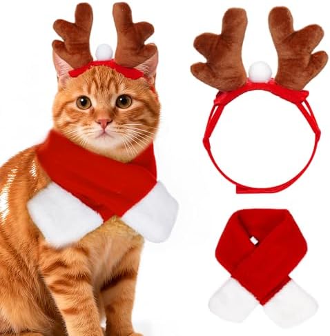 Conjunto de fantasia de renas de gato de Natal com lenço vermelho...