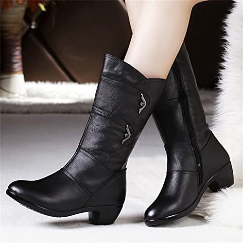 Hbeylia Winter Snow Boots For Women Ladies Fashion Casual Leather Round Toe Chunky Block Low Heels Warm Mid Calf Riding Boots With Fleece Lining Thermal Dress Short Boots Halloween Christmas Favor2