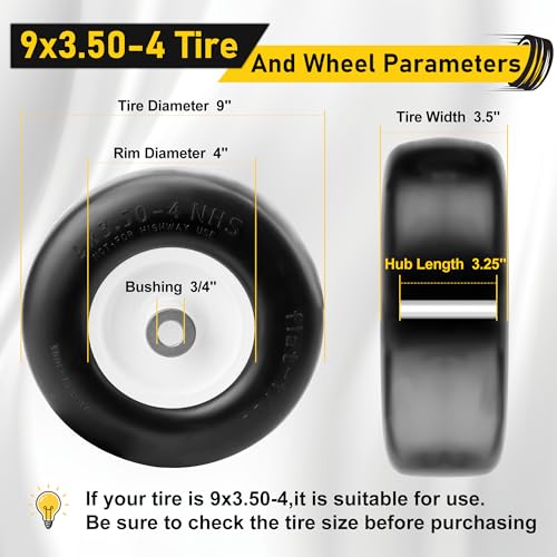 9x3.50-4 Lawn Mower Tires Flat Free, Zero Turn Mower Front Tires for Residential and Commercial, 9x3.50-4 Flat Free Tire and Wheel, 3/4\" & 5/8\" Bushing, 3.25\"-5\" Center Hub, 2Pack