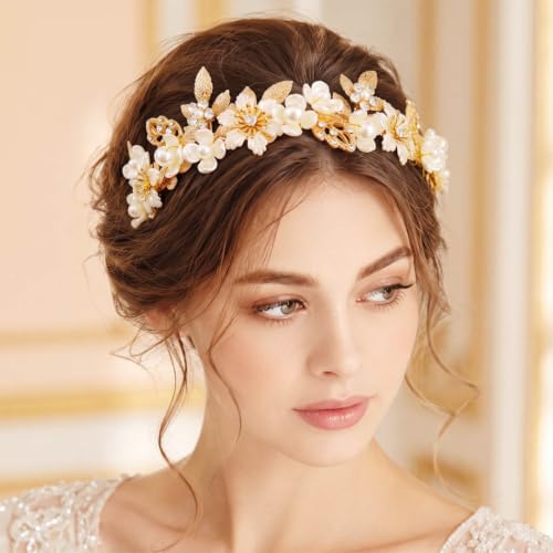 CASDRE Gold Flower Fancy Bridal Headband Pearl Wedding Tiara for Women