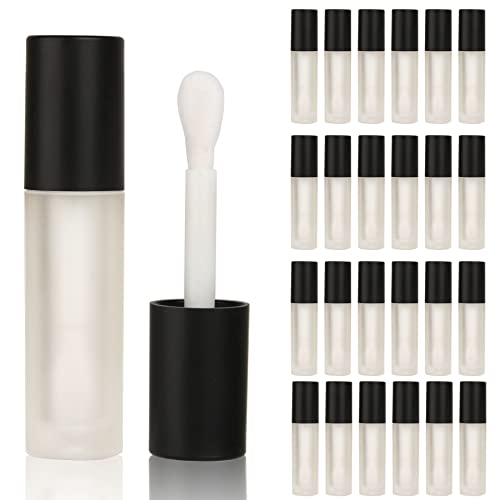 COSIDEA 24 pcs Empty 5ml big brush Frosted Black lip gloss tube Black round lipgloss tubes container with big doe foot wand cosmetic packing containers
