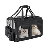 Groxkox Cat Carrier for 2 Cats, Foldable Double Cat and Dog Carrier, Small to Medium Size, 2 Front Zippered Compartments,Two Pets Carrier for Outdoor Travel,Mulitple Cat Carrier (Black)