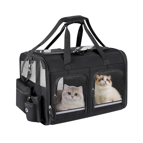 Groxkox Cat Carrier for 2 Cats, Foldable Double Cat and Dog Carrier, Small to Medium Size, 2 Front Zippered Compartments,Two Pets Carrier for Outdoor Travel,Mulitple Cat Carrier (Black)