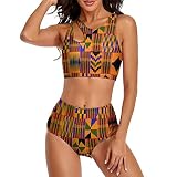 Vbadag Ghana Kente Fabric African Print Tribal Women's Bikini Swimwear, Two Piece Swimsuit Sexy High Waisted Halter Bathing Suits with Bikini Bottom for Women Ladies Girls, L