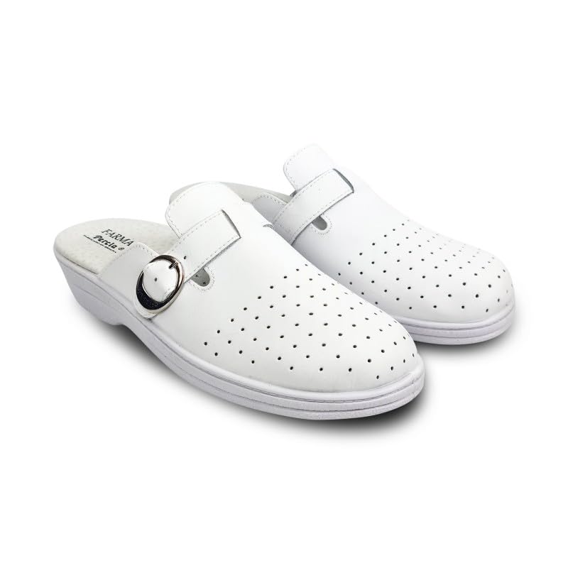 BALSAT | Zueco Sanitario, Piel Perforada, Antideslizante con cuña, Hecho en España, Azul o Blanco (Blanco, Sistema Tallas Calzado EU, Adulto, Mujer, Números, Mediano, 37)