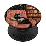 Black Cat Reading a Book in a Cozy Autumn Setting PopSockets Adhesive PopGrip