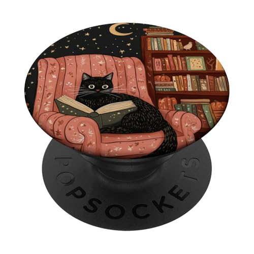 Black Cat Reading a Book in a Cozy Autumn Setting PopSockets Adhesive PopGrip