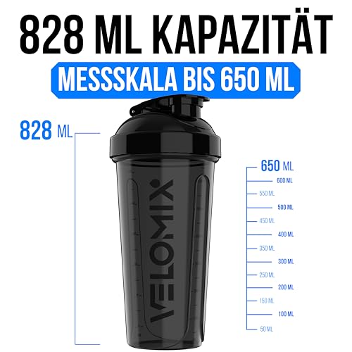 VELOMIX -2 PACK- 828ml Eiweiß Shaker - Auslaufsicher Shaker Proteinshake Mit 2x Kugel | Drehverschluss & Mess-Skala Shake Becher | Spülmaschinengeeignet & Stackable Protein Shaker (Black/Transparent)