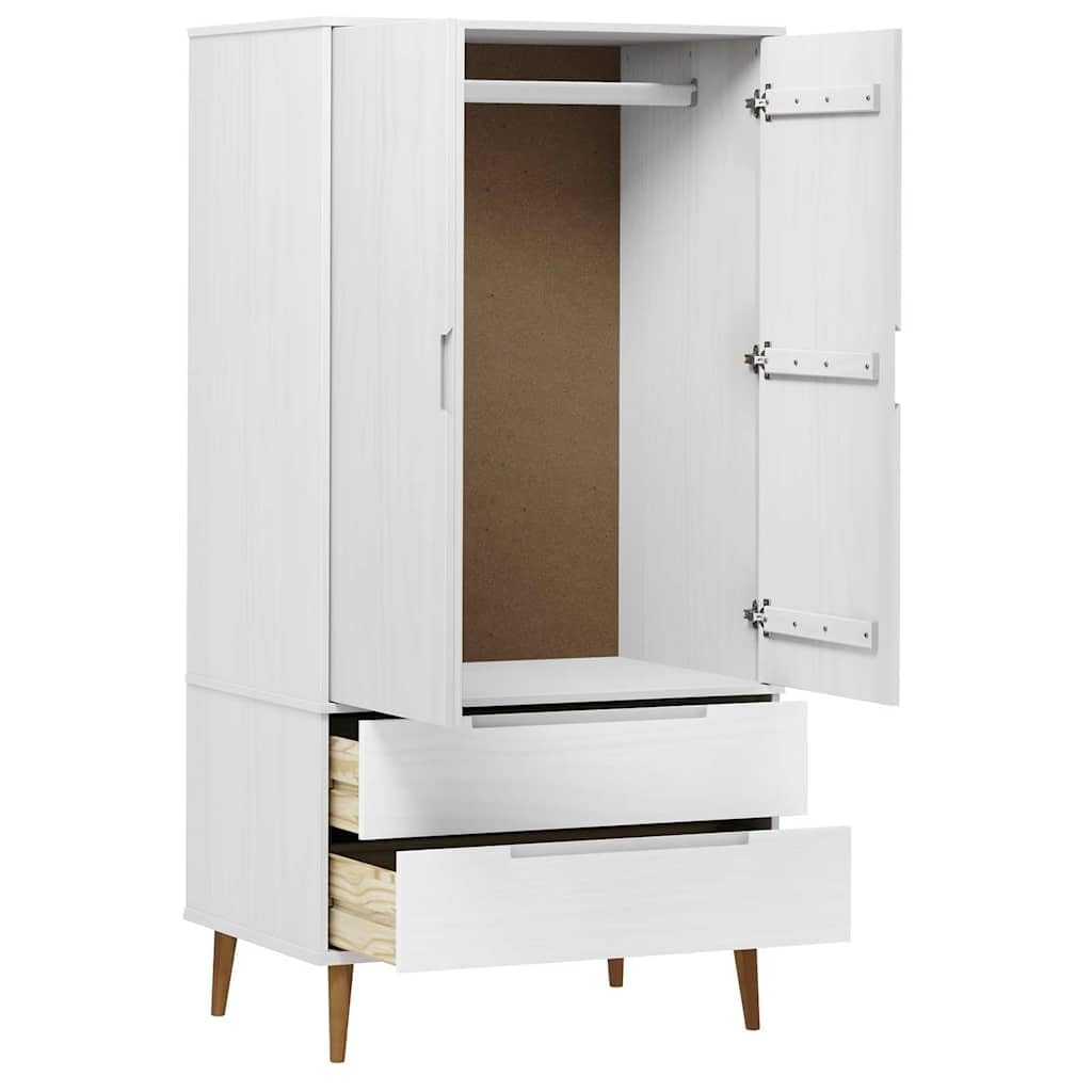 Armadio MOLDE bianco in legno di pino massiccio, 90 x 55 x 175 cm, con vernice UV, 2 cassetti, grande scomparto, guardaroba con asta appendiabiti per camera da letto, corridoio e spogliatoio