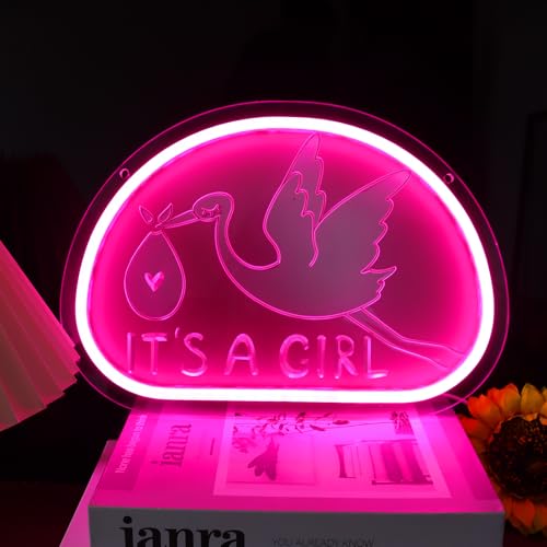 Image of It's a Girl Neon Sign Light for Wall Decor, Storks Deliver Baby Myth Dimmable Led Light Signs Neon Light for Baby Girls Bedroom Children's Room Decor Gender Reveal Party Gifts(Pink)