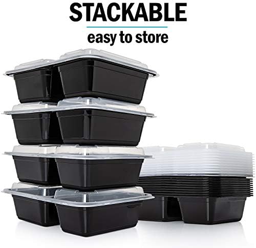 2 Compartment Meal Prep Containers - Reusable BPA Free Plastic Food Storage Trays with Airtight Lids - Microwavable, Freezer and Dishwasher Safe - Stackable Bento Lunch Boxes  [10 Pack, 30 oz]