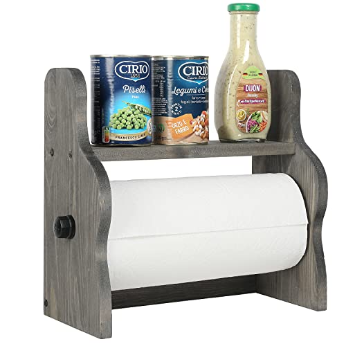Mygift Vintage Gray Solid Wood Paper Towel Holder Wall Mounted Rack And Spice Jars Storage Display Shelf With Easy Refill Industrial Black Metal Pipe Bar, Kitchen Countertop Paper Towel Roll Dispenser #TOP21