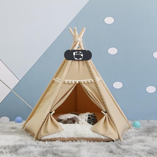 Whiwhi Tipi Zelt für Haustiere mit Doppelseitigem Kissen Hundezelt Abnehmbar und Waschbar Luxery Hundehöhle Katzenzelt und Haustierhäuser 60x60x70cm