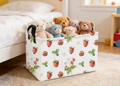 Image of Essme Rectangular Kids Baskets,Strawberry Storage Box,Cute Basket for Kids with Handles for Room Decor, Book Bins,Shelf Basket.(Strawberry)
