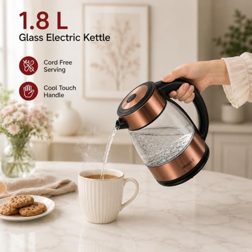 Image of Pringle Vogue 1.8L Electric Glass Kettle 1350W | Double Fada Controller | Double Layer Cool Touch Design | Auto Shut-Off & Boil Dry Protection | Fast Boiling | 1 Yr Warranty | Copper