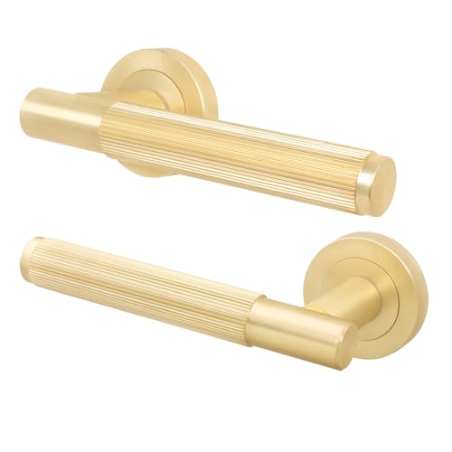 Image of EAI Satin Brass Door Handles, 1 Pair Lever on Rose - Oruro