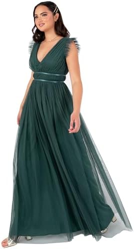 Anaya with Love Women's Long Dress with Short Sleeve V Neck Satin Detailing  Tulle A-Line Bridesmaid Wedding Guest Prom Dresses Emerald Green 10 Emerald  Green, emerald green, 38 : Amazon.com.be: Fashion