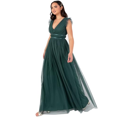 Anaya with Love Damen Women's Maxi Ladies Cap Sleeve V-Neck Satin Detail Tulle A-line Bridesmaid Wedding Guest Occasion Prom Ball Gown Dress, Emerald...