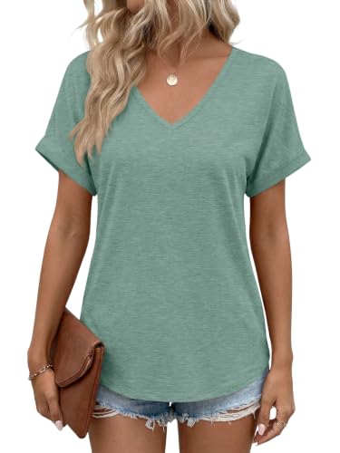 EADINVE Womens V Neck Rolled Sleeve T Shirts Curved Hem Short Sleeve Tops Summer Trendy Tees Loose Fit Tunic Shirts 2026 Green