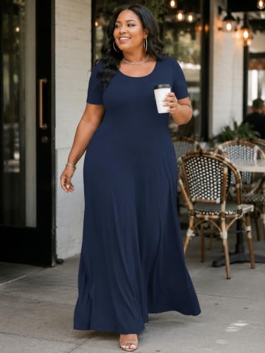 Image of PinkPatty Women's Plus Size Maxi Dresses Short Sleeve Sundress Summer T-Shirt Beach Long Dress with Pockets