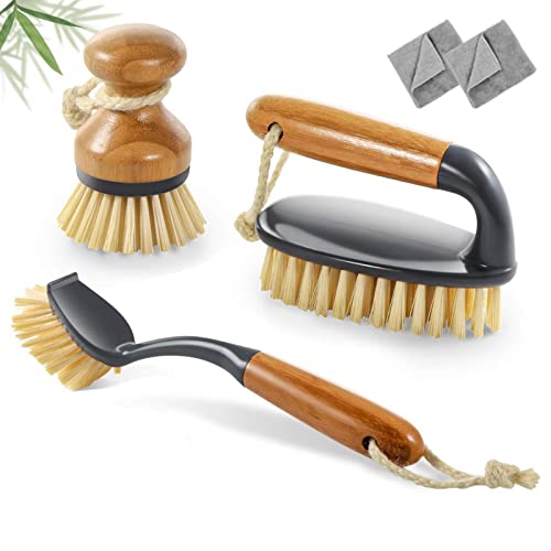 MASTERTOP 3-teiliges Reinigungsbürste Set- 1 Scheuerbürste , 1 Spülbürste mit Langem Griff und 1 Rund Topfbürste Holz, Bambus Bürsten für Küchen Badezimmer Reiningung- Senden 2er Mikrofasertücher Cover