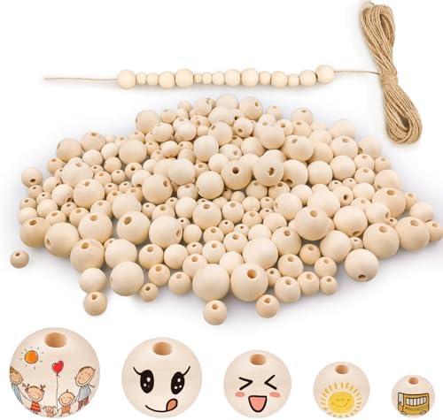 Furuising 210 PCS Wooden Beads, 20mm 18mm 14mm 12mm 10mm Wooden Beads for Crafting, Natural Round Wooden Beading Set with Holes with 10m Jute String, for Macrame Jewelry Making Crafts DIY