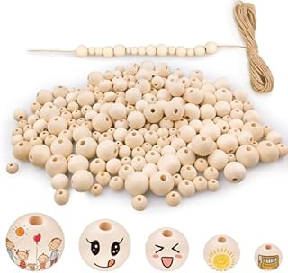 Furuising 210 PCS Wooden Beads, 20mm 18mm 14mm 12mm 10mm Wooden Beads for Crafting, Natural Round Wooden Beading Set with Holes with 10m Jute String, for Macrame Jewelry Making Crafts DIY
