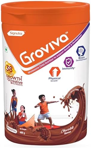 Groviva Milk Protein Powder for Kids 2-6 years | 400g Chocolate Jar | 38 Growth & Digestive Nutrients | Supports Physical Growth, Brain Development & Immunity Jar, 400g (Chocolate, Pack of 1)