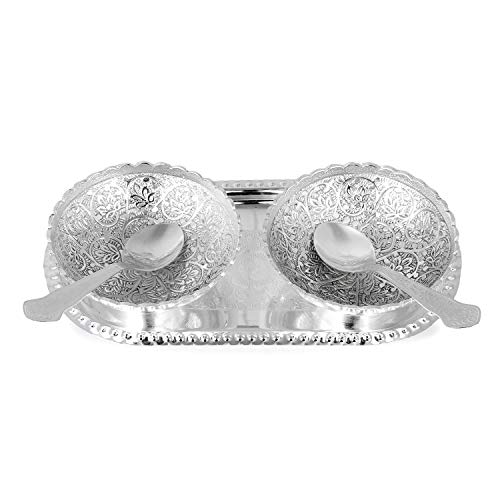 Zap Impex Engraved Silver Brass Bowl Tray and Spoon Set Gift Set, SLVRTRAYBOWL-1, 22 cm (W) x 6 cm (H) - Image 3