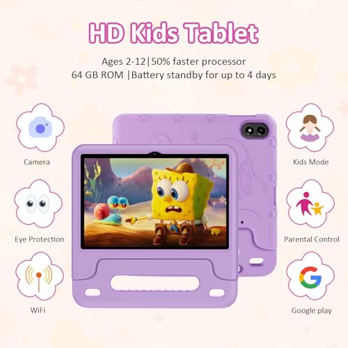 Image of Android 15 Kids Tablet 10.1 Inch,Octa-Core Processor, Case Included,Purple | Built-in parental controls; Google Kid Space installed; 2.4G /5G dual-band WiFi; 21GB RAM 64GB ROM; For Ages 2-12 Toddler