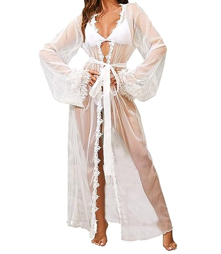 ROSVAJFY Damen Durchsichtig Kimono Robe Lang Dessous Robe Spitze Bikini Cover Up Strandkleid Sexy Mesh Morgenmantel Kleid Transparente Babydoll Negligee Cardigan mit Gürtel (Weiß (Mesh))