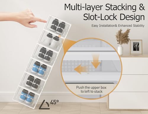 15 Pack X-Large Shoe Storage Boxes Organizers, Shoe Boxes Clear Plastic Stackable Shoe Containers with Lids, Foldable Space-Saving Storage Bins Shoe Cabinet, Fit up to Men's US 11/Women's US 12, White by Simple Deluxe - Used condition - US$44.88
