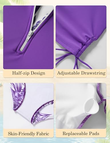 Image of Girls Rash Guard Swimsuits 2 Piece Half-Zip Long Sleeve Color Block Bathing Suits with Ruched Side Swimwear for 7-16Y