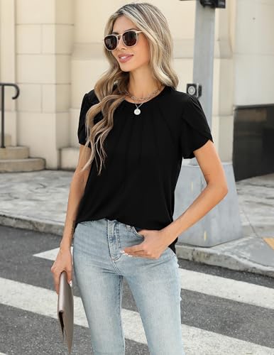 Zeagoo Womens Tops Petal Short Sleeve Summer Casual Dressy Shirts Floral Solid Blouse Pleated Tunics S-XXL3