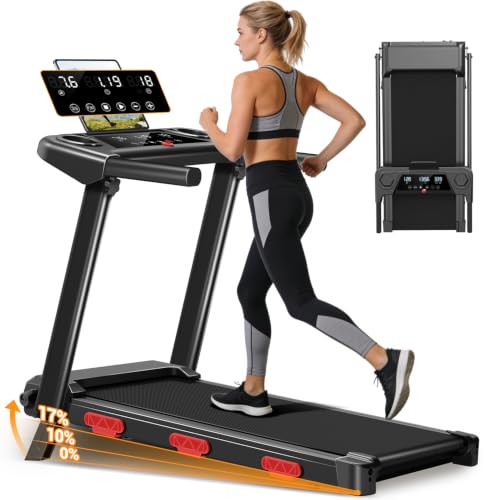 17% Incline Folding Treadmill for Home, 3.0HP Quiet Walking Pad with Handlebars, 350 LBS Capacity Compact Running Machine with 3 LED Displays and Shock Absorbers for Small Spaces
